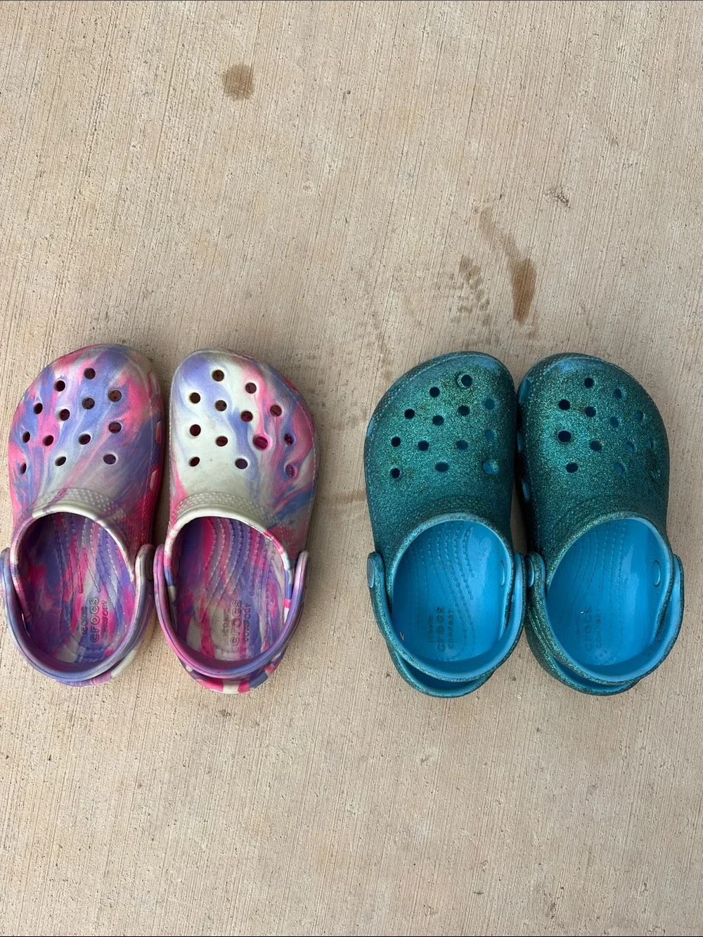 CROCS Kids Pair — Pink Purple Marble Clogs & Teal Glitter Clogs